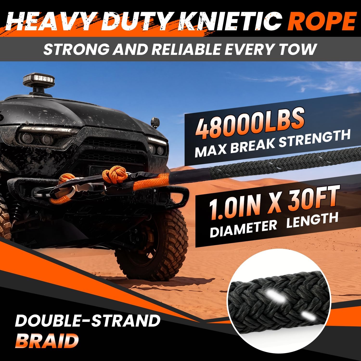 Kinetic Recovery Tow Rope with 2 Soft Shackles, 48000lbs Heavy Duty Stretch Nylon Towing Rope, 1" x 30 FT Synthetic Towing Rope Recovery Kit for ATV, UTV, SUV, Offroad Vehicle, Jeep, Car, Truck