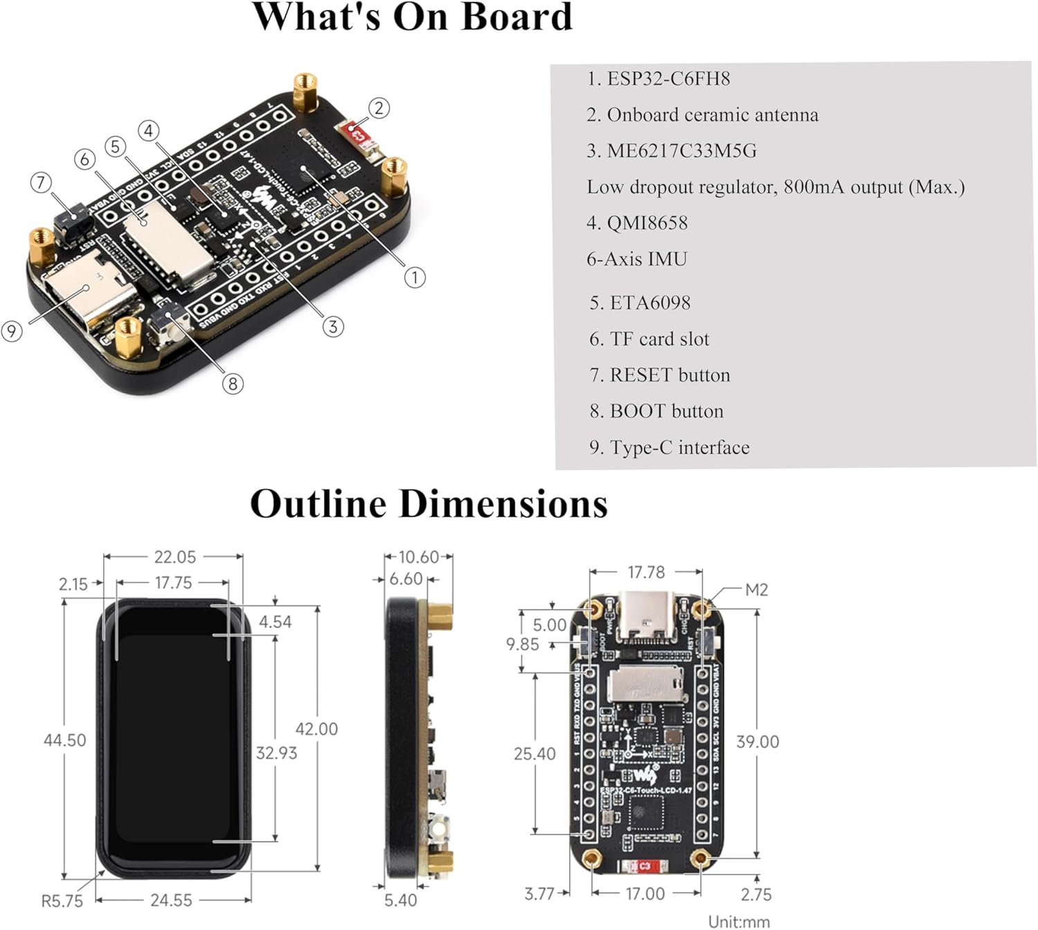 ESP32-C6 1.47inch IPS Touch Display Development Board, 172x320 Resolution, 262K Display Color, Supports W-i-F-i 6 / BLE 5, 160MHz RISC-V Processor,Smoothly Run GUI Programs -LVGL