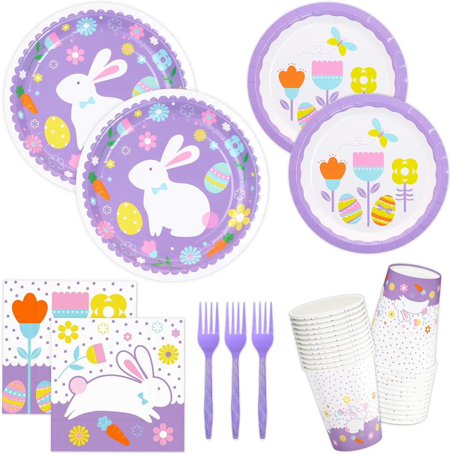 Easter Party Supplies Bunny Hop Disposable Tableware Set 9" Paper Plates 7" Dessert Plates 3 Ply Luncheon Napkins Cups Forks for Kids Rabbit Hop Easter Party Spring Decorations, Serve 24