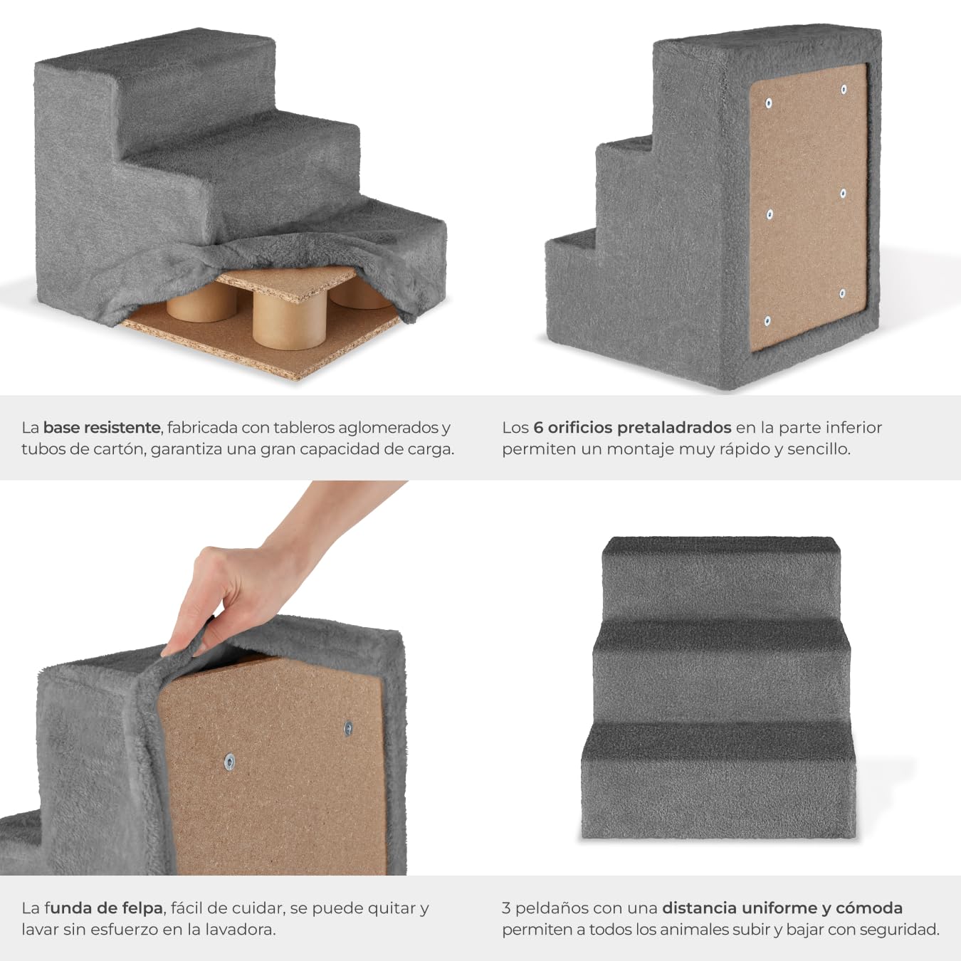 tectake® Escalera para Mascotas Muy Estable y Ligera 34,5 cm, Escalera para Perros y Gatos, Escalera Perro Cama, Cubierta Súper Suave y Antideslizante, Materiales Robustos para Durabilidad - Gris