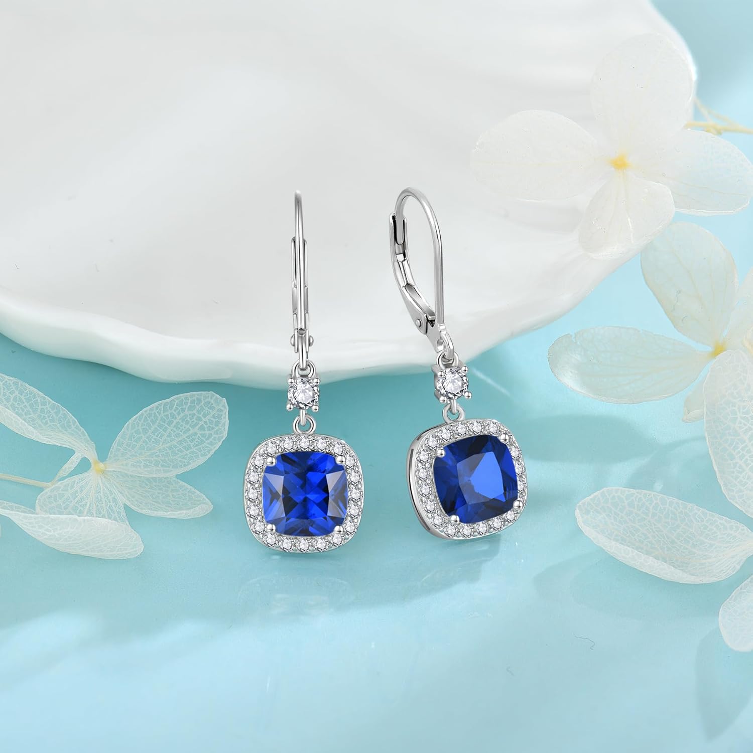 Women Leverback Earrings 925 Sterling Silver Princess Cut Halo Earrings Birthstone Dangle Drop Earrings for Women Her Mom Wife - Image 4