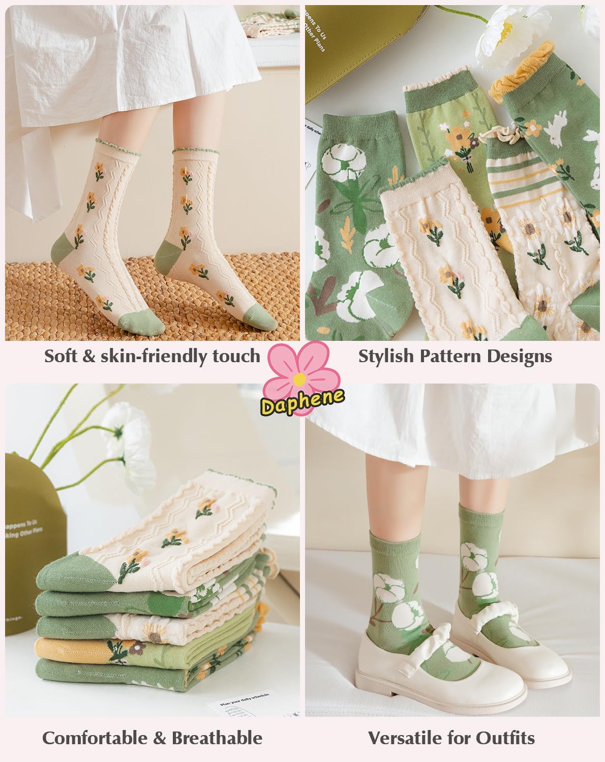 Daphene Womens Retro Floral Socks | Cozy Cotton Vintage Jacquard Patterns | Stretch Breathable Skin-Friendly | Holiday Gift - Image 4