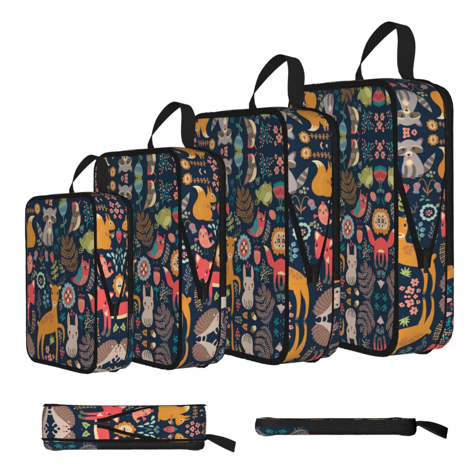 Esnaiuvcd Black Owl Rabbit Birds Fox Print 4 Set Compression Packing Cubes For Suitcases,Expandable Storage Bags Organizers