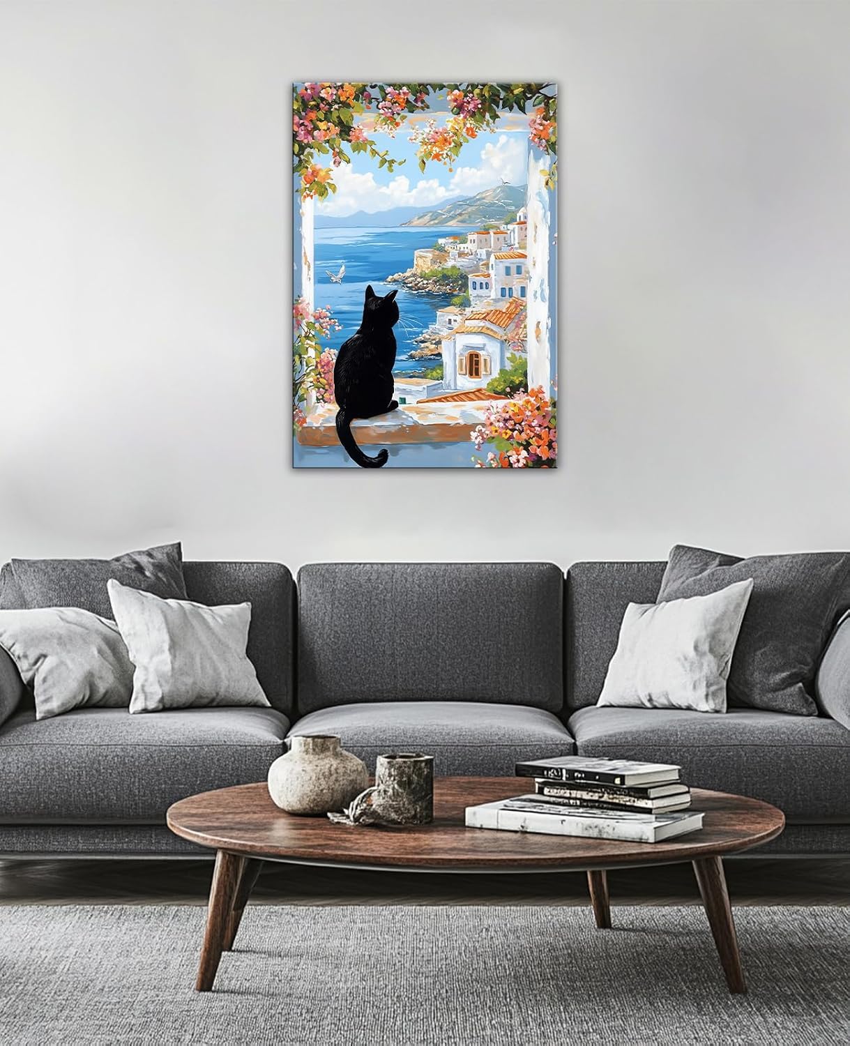GLOKAKA Black Cat Canvas Wall Art Colorful Flower Animal Pictures Wall Decor Coastal Theme Paintings for Living Room Bedroom Dining Room(Artwork-1,12"x18")