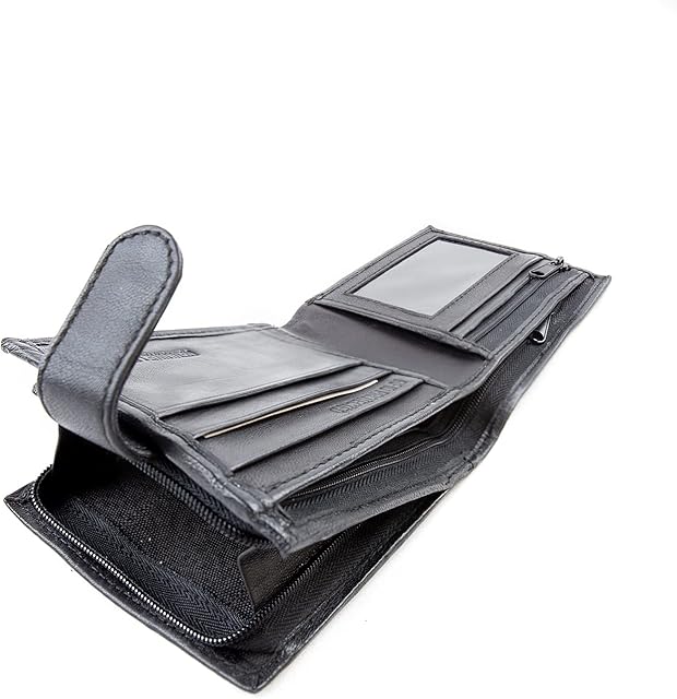 Woodland Leather Mens Wallet, Genuine Leather RFID Blocking Credit Card Wallet with Zip Coin Pocket, Bank Note Compartment and Id Card Holder Pouch Thin Card Wallet with Gift Box (Black)