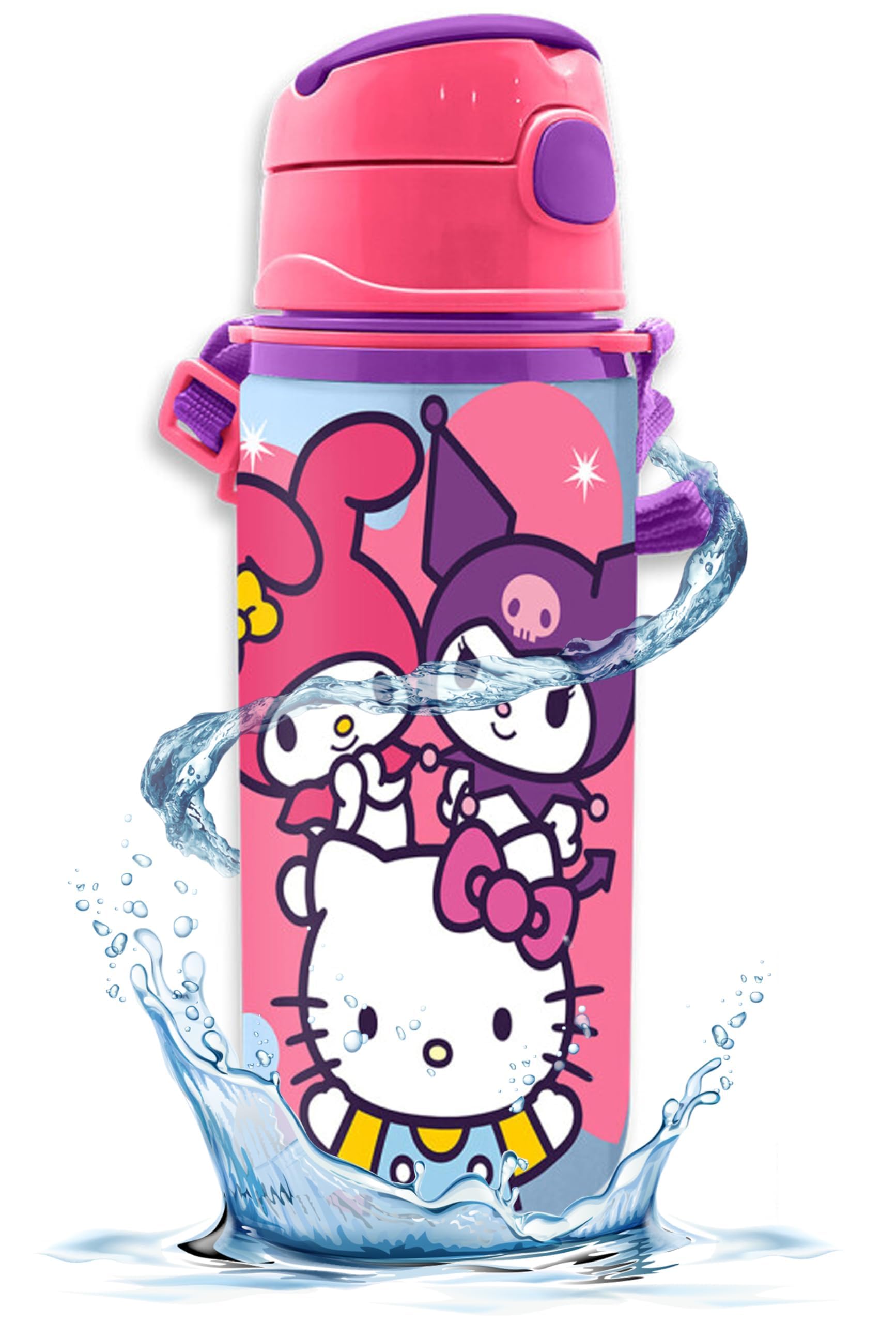 Srv Hub Girls Hello Kitty Bottle Hello Kitty Kids Water Bottle 600Ml – Aluminium Leak Proof Drinking Bottle With Straw & Carry Strap, Bpa Free Metal Water Bottle For School, Sports & Travel, Xmas Gift For 3+ Years