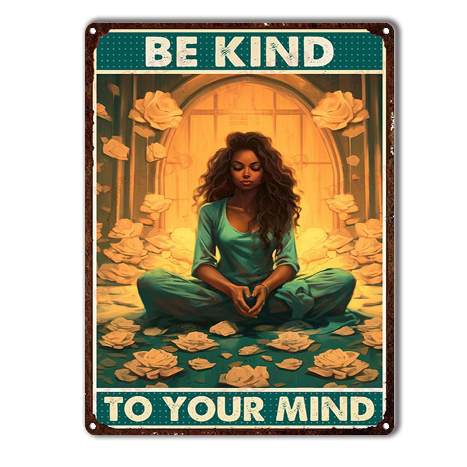 Anceky Black Woman Yoga Be Kind To Your Mind Tin Sign Vintage Metal Sign Wall Decor for Cafe Bar Kitchen Yard Gate 12×8 Inch