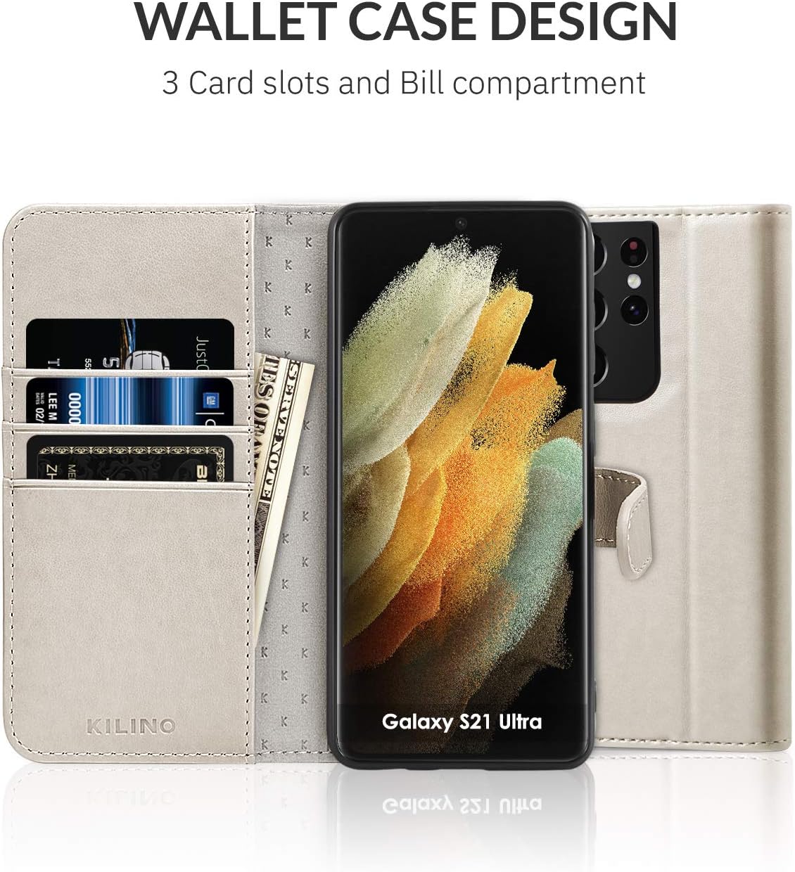 KILINO Galaxy S21 Ultra Wallet Case [RFID Blocking] [PU Leather] [Shock-Absorbent Bumper] [Soft TPU] [Card Slots] [Kickstand] Flip Folio Cover for Samsung Galaxy S21 Ultra 5G (Gray)