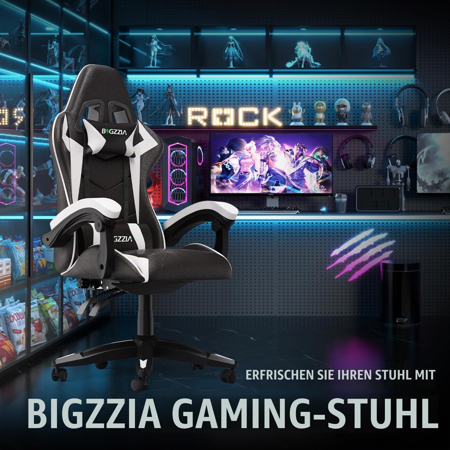 Racingreat PC Gaming Stuhl mit Kopfstütze und Lendenkissen (Weiß) | PC Stuh mit Footrests, Kopfstütze Lendenkissen, 90°-155° Neigung und Höhenverstellung, Kinder Junge Erwachsene Büro Pause
