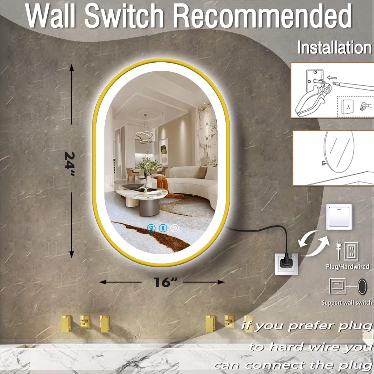 24 X 16 Inch Gold LED Oval Mirror with Lights Gold Frame Oval Lighted Vanity Mirror for Bathroom Wall Horizontal/Vertical Mount 3 Color Lights AntiFog 24in Golden Ovals Smart Light up Mirrors