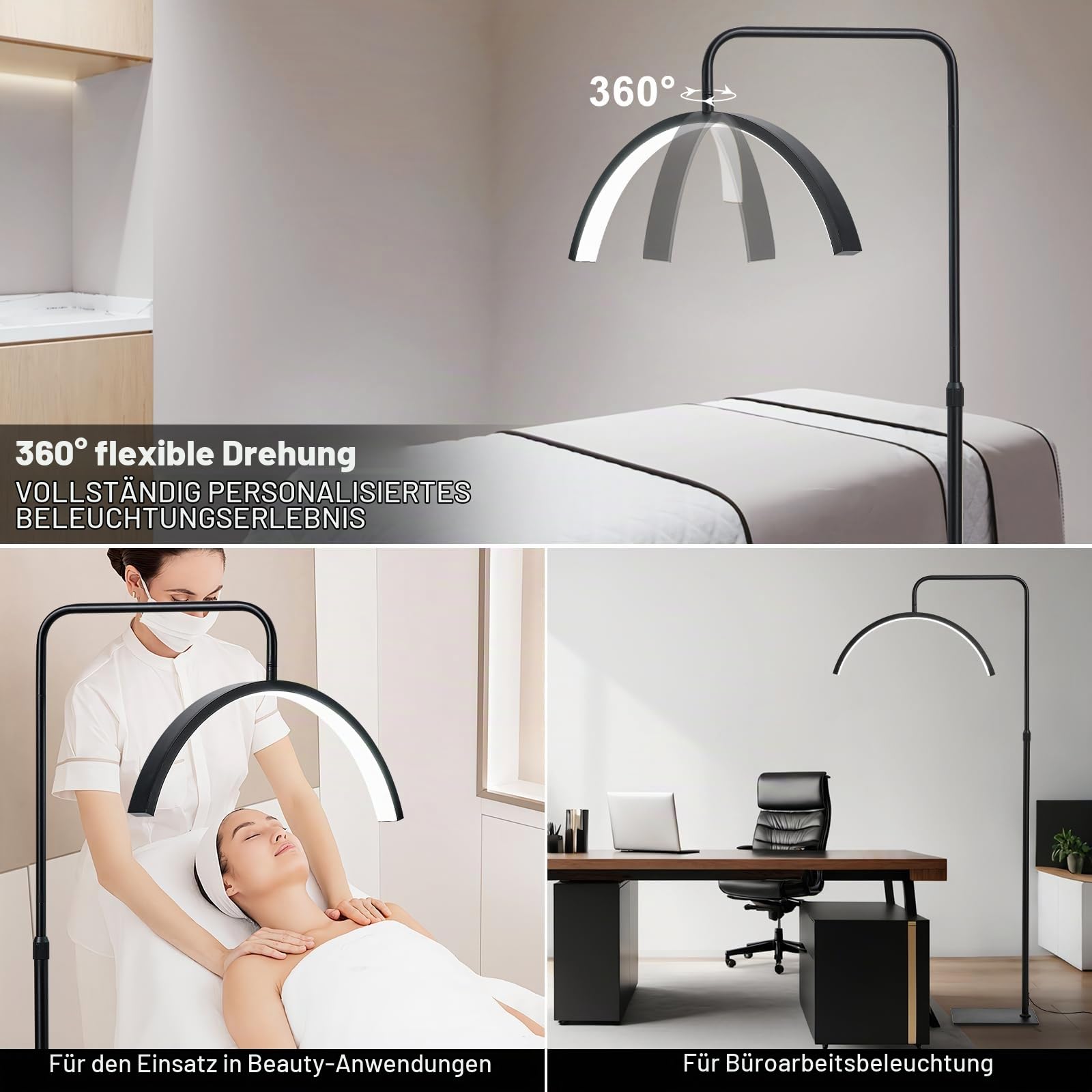 Stehlampe Halbmond Kurve 360°Verstellbarer Lampenkopf Höhenverstellbar 3 Farben Stehlampe Dimmbar LED Stehleuchte Schönheit & Wimpernverlängerung Schreibtischlampe Stehlampen Wohnzimmer