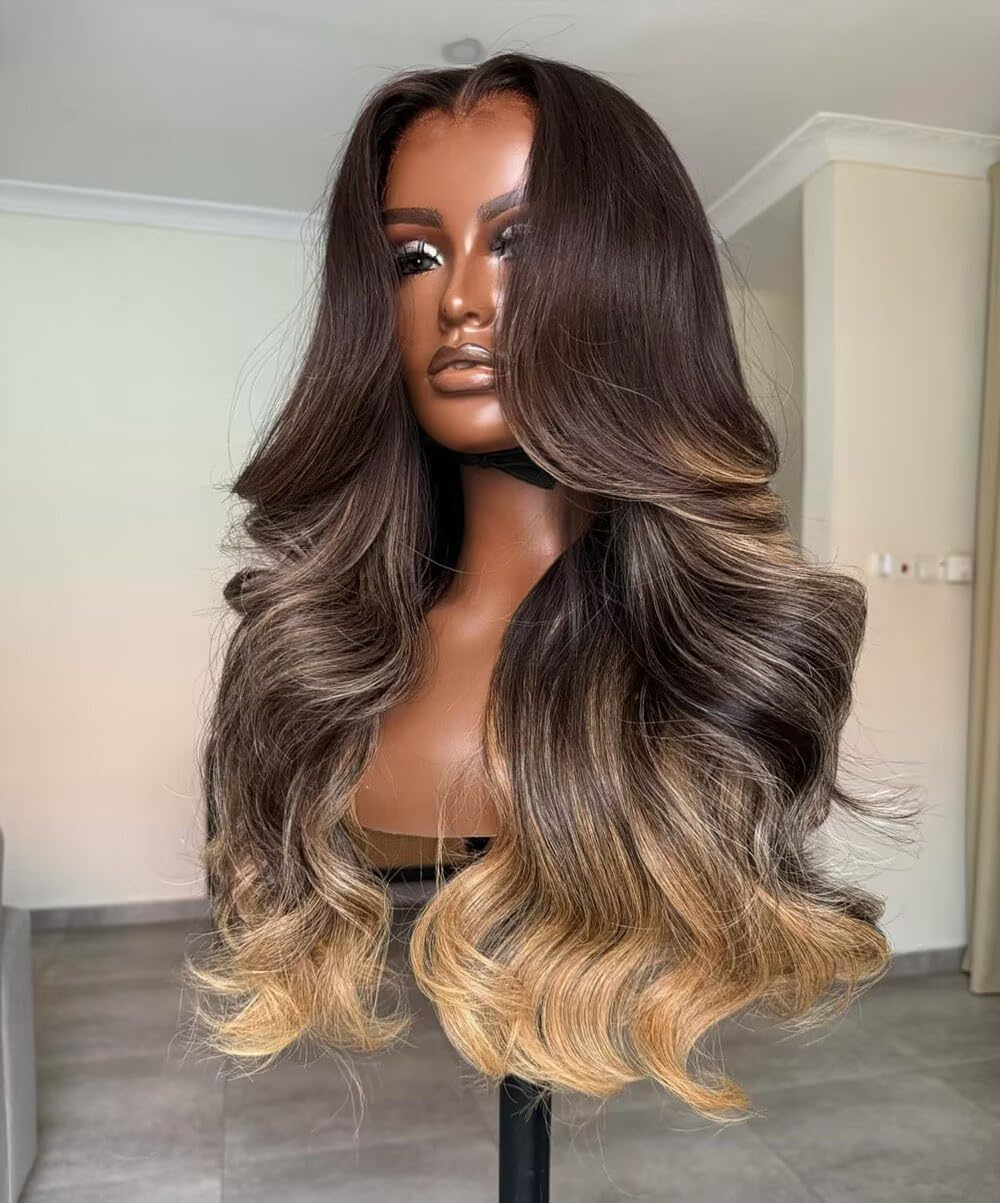 Ombre Honey Blonde Human Hair Body Wave Highlight Wigs 13X4 HD Transparent Lace Front Wig Pre Plucked Bleached 180% Density Loose Wave P2/27 Colored Glueless Wigs Baby Hair For Woman 16Inch