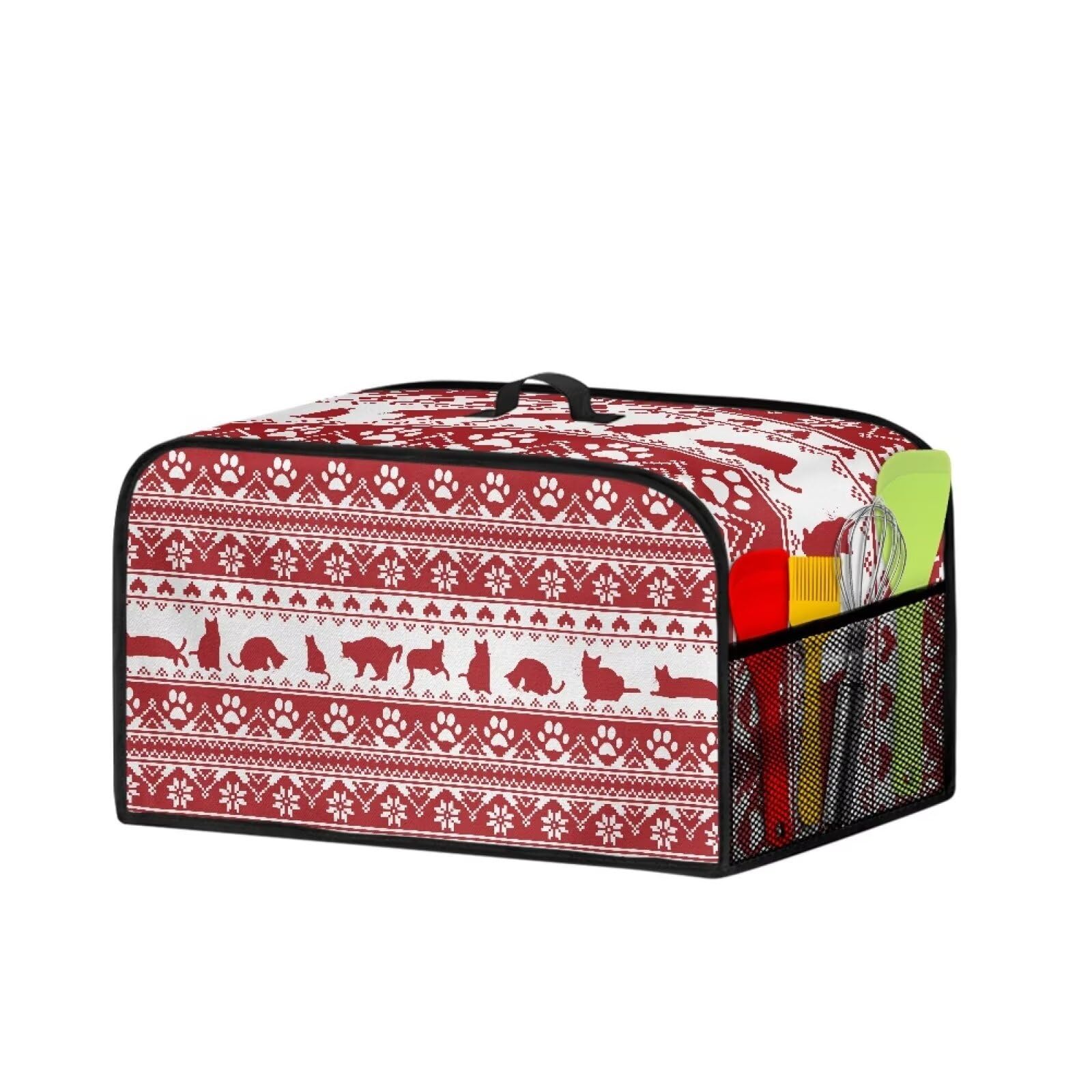 PJHEQOXE Aztec Cats Paws Ptint Slow Cooker Dust Cover with Side Pockets, Lightweight Crock Pot Cover Kitchen Appliance Organizer Fit for Most 6-8 Qt Rice Cooker,Christmas Decor Gift (Red)