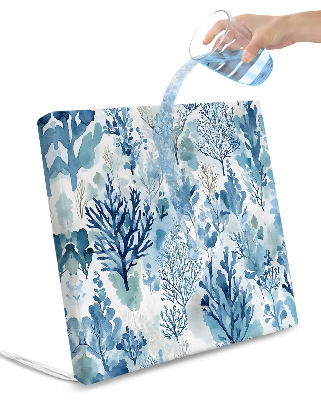 2 Pack Blue Botanical Waterproof Cushion Covers with Ties, Outdoor Patio Chaise Lounge Chair Seat Cushion Slip Covers Replacement(Only Cover) Impressionist Style Watercolor Elegant 20