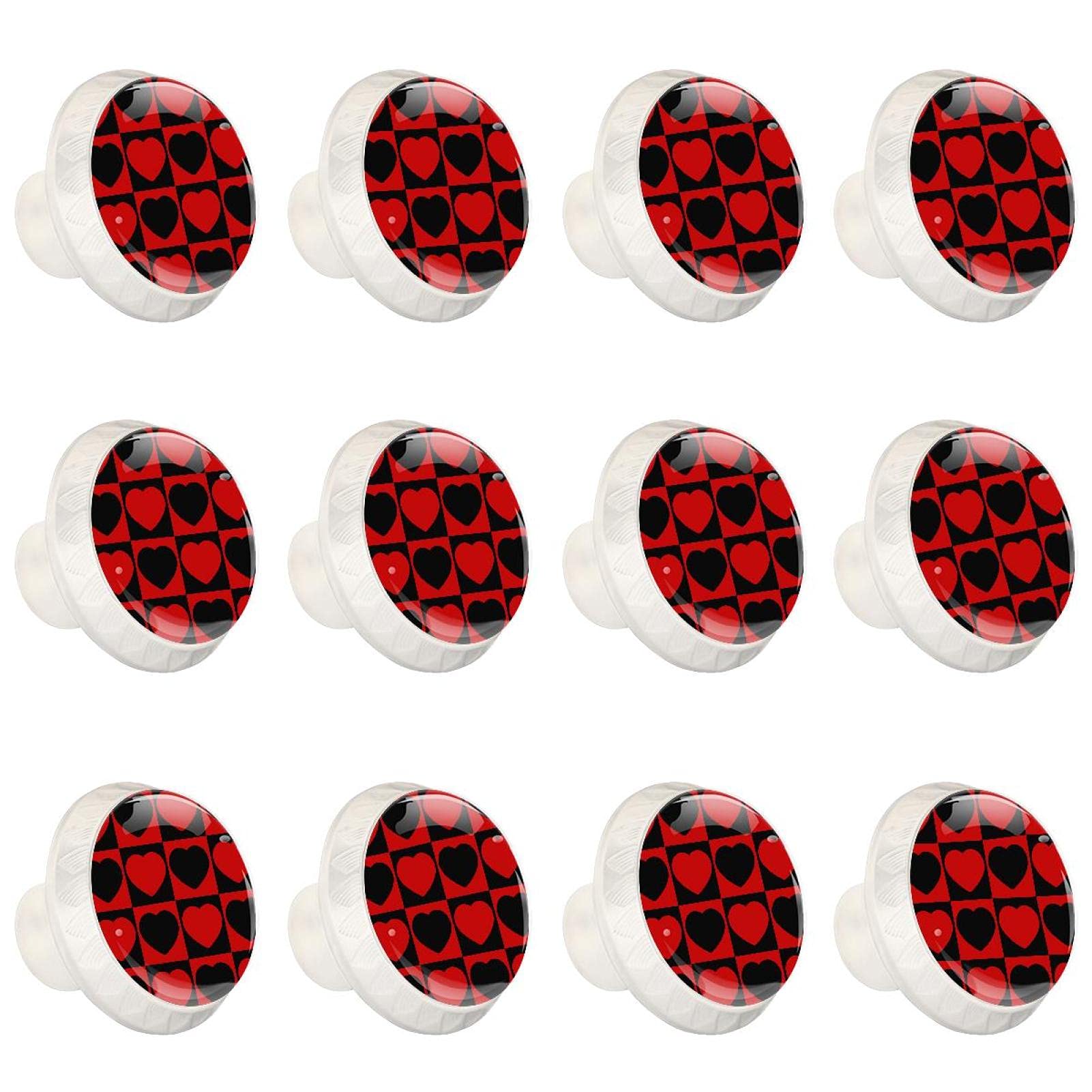 Boutons de placard de cuisine ronds motif cœur amour rouge et noir x12