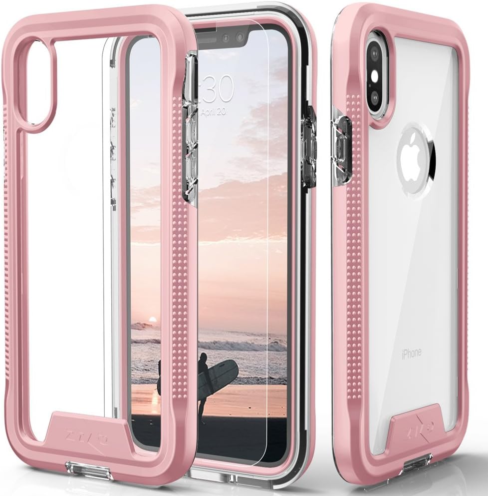 ZIZO ION Series for iPhone X Case Military Grade Drop Tested with Tempered Glass Screen Protector iPhone Xs Case Rose Gold Clear