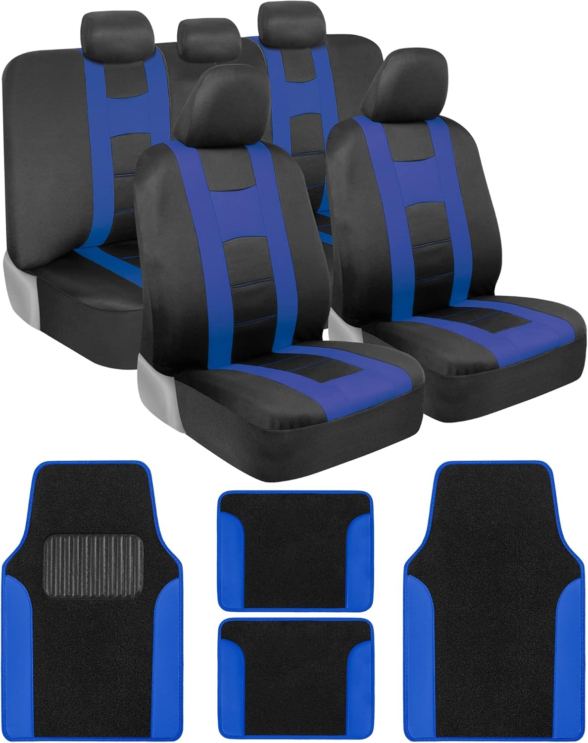 carXS Forza Series Blue Seat Covers Full Set Combo with Car Floor Mats – Front and Rear Bench Cover & Protector Set, Interior Covers for Auto Truck Van SUV Black & Blue Seat Covers & Floor Mats