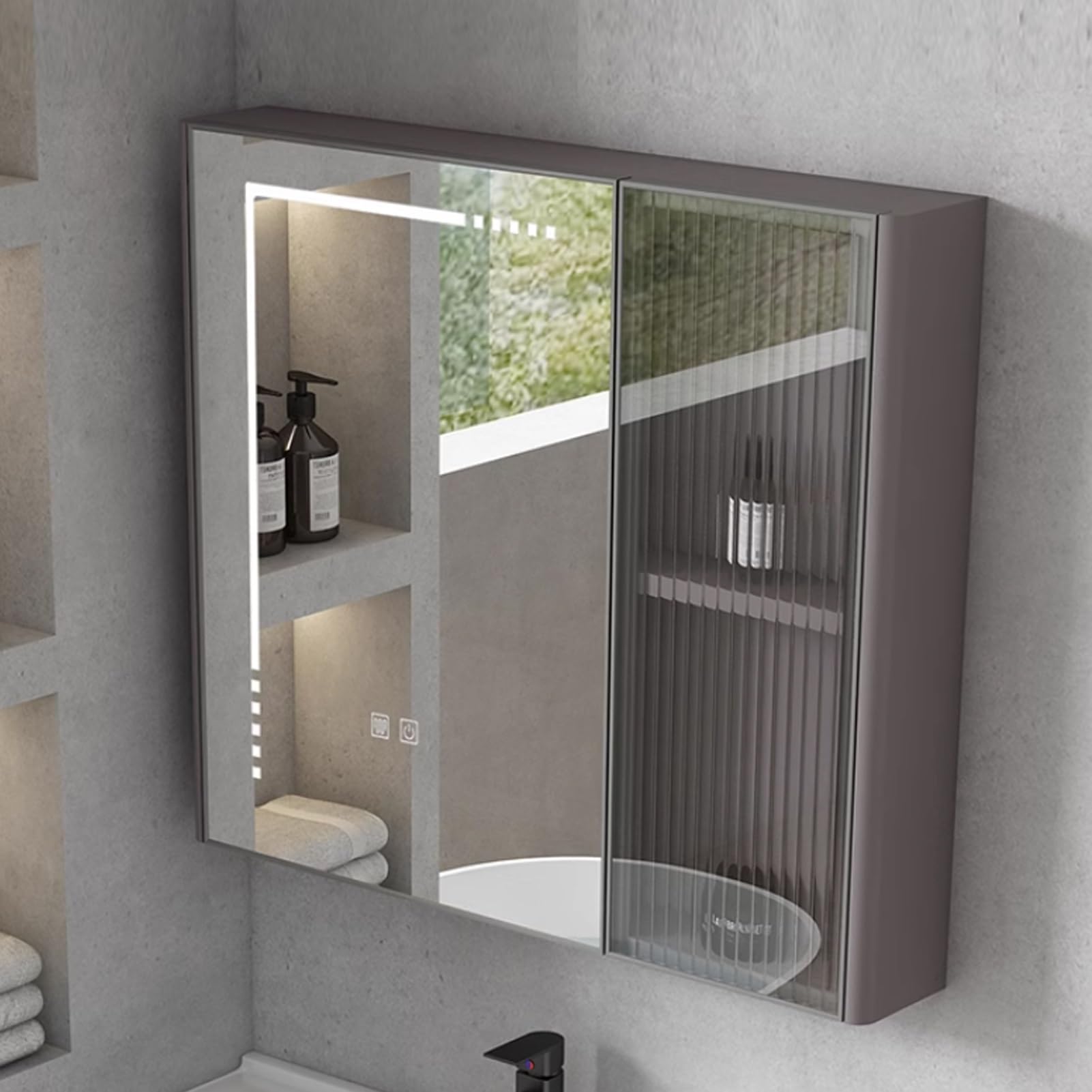 Armadietto da bagno con specchio a LED da incasso, moderno con luci dimmerabili, funzione antiappannamento e contenitore, design elegante e funzionale per bagni contemporanei