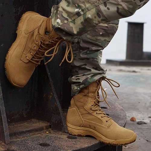 Miniatura 9 de FREE SOLDIER Botas tácticas para hombre de 8 pulgadas, ligeras, botas de combate duraderas, botas de trabajo militares de gamuza duradera, botas de