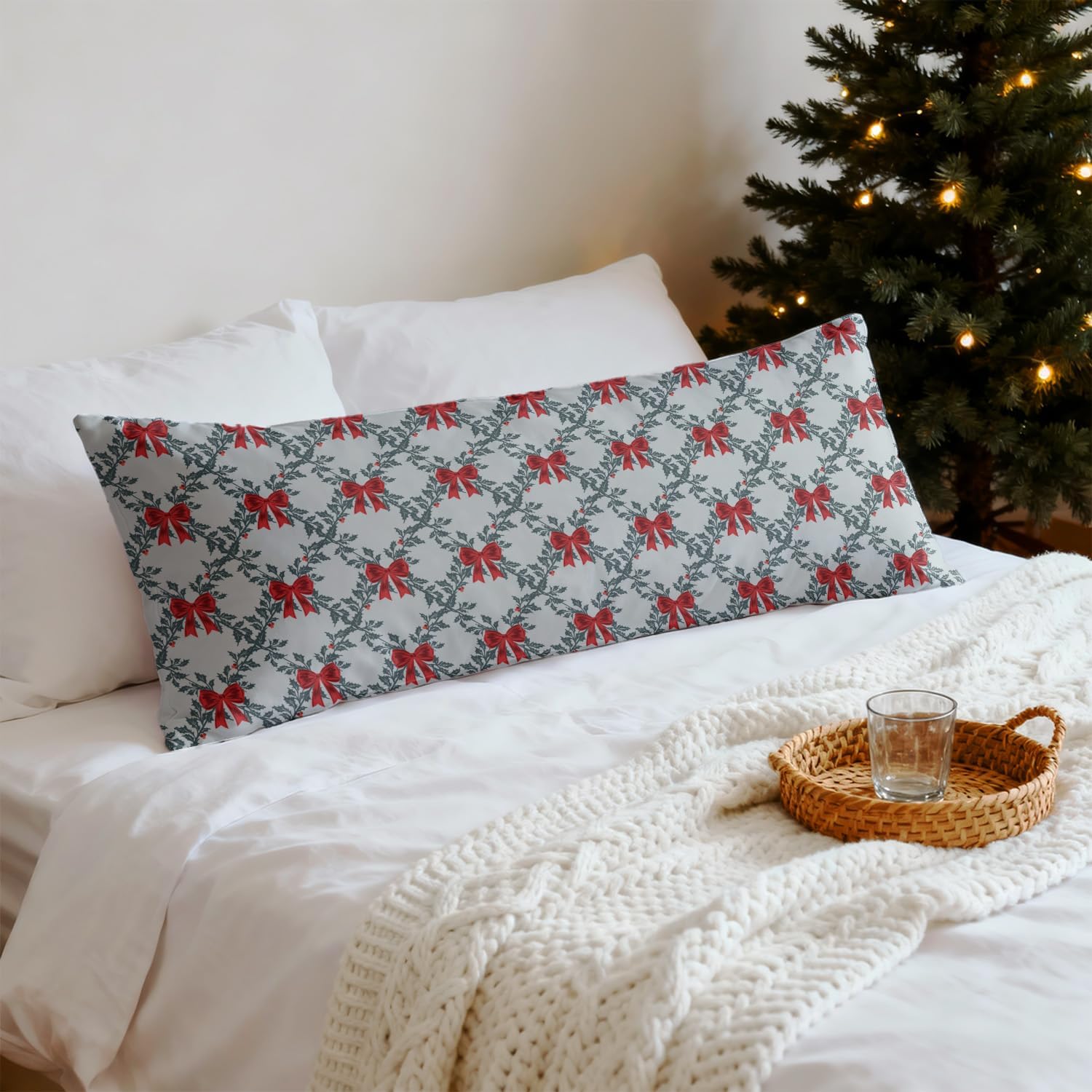 Mancheng-zi Vintage Red and Green Christmas 20x54 Body Pillow Cover Pillowcase with Zipper, Girly Christmas Decor, Coquette Red Bow Xmas Holly Berry Decorative Long Hug Pillow Cases for Bed Couch