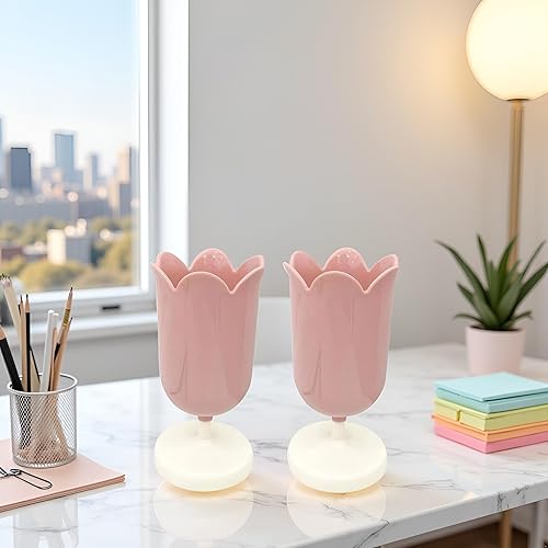Miniatura 8 de 2 soportes de plástico rosa para bolígrafos de tulipán, bonitos vasos para escritorio, organizador de pinceles, suministros de papelería de oficina,