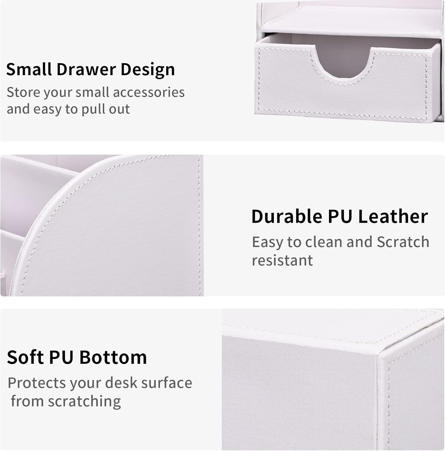KINGFOM Pu Leather Desk Organizer Pen Pencil Holder Office Supplies Caddy Storage Box 6 Compartments with Drawer White (Full Pu Leather)