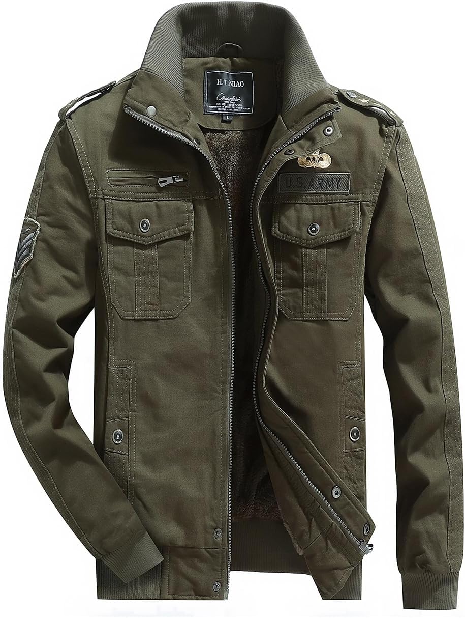 Men's Flight Jacket Stand Collar Retro Cotton Fleece Jacket