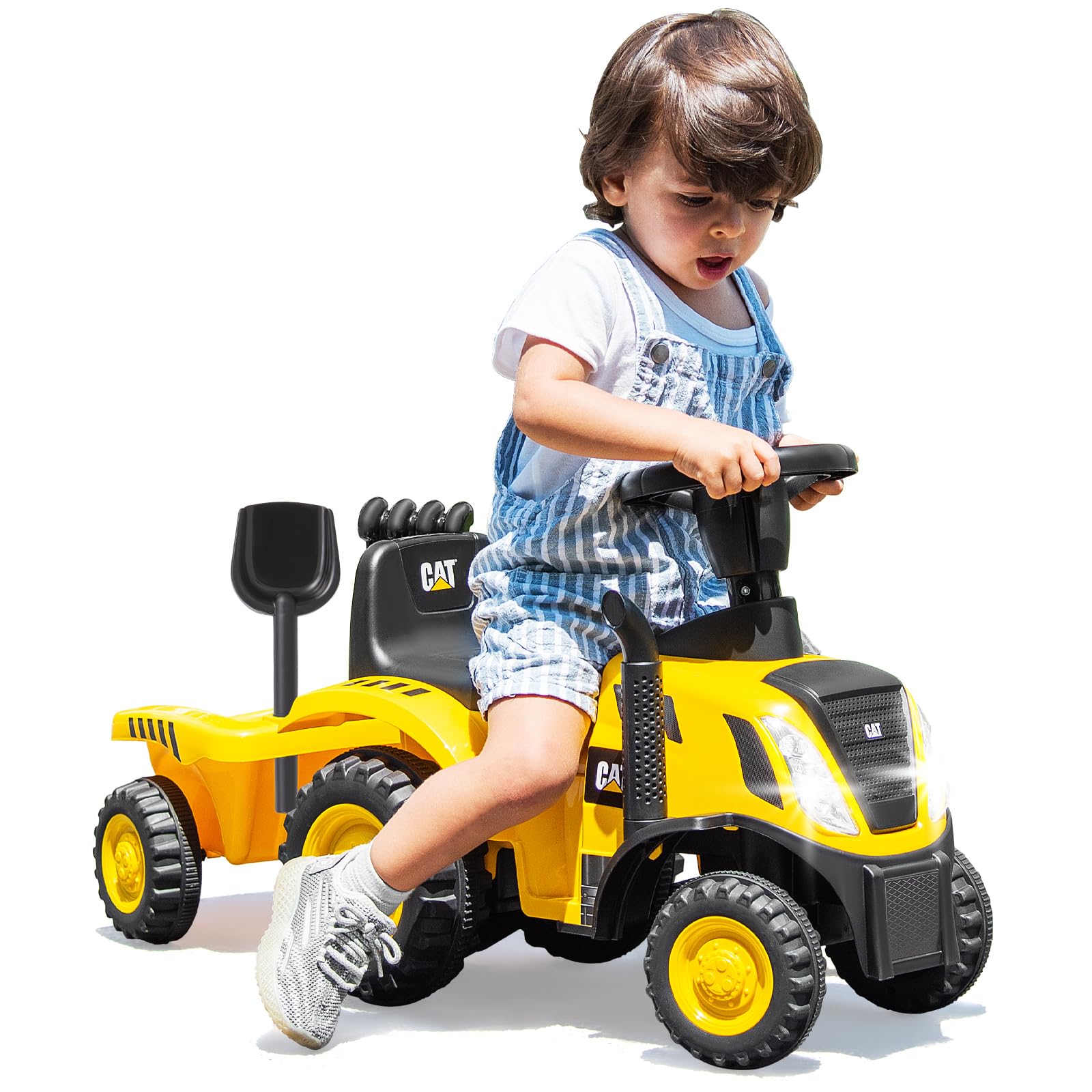 Tractor Infantil Caterpillar Con Remolque, Luces Y Sonidos, Pala Y Rastrillo, Para Niños De 1.5 A 3 Años, Carga Máxima 25 Kg