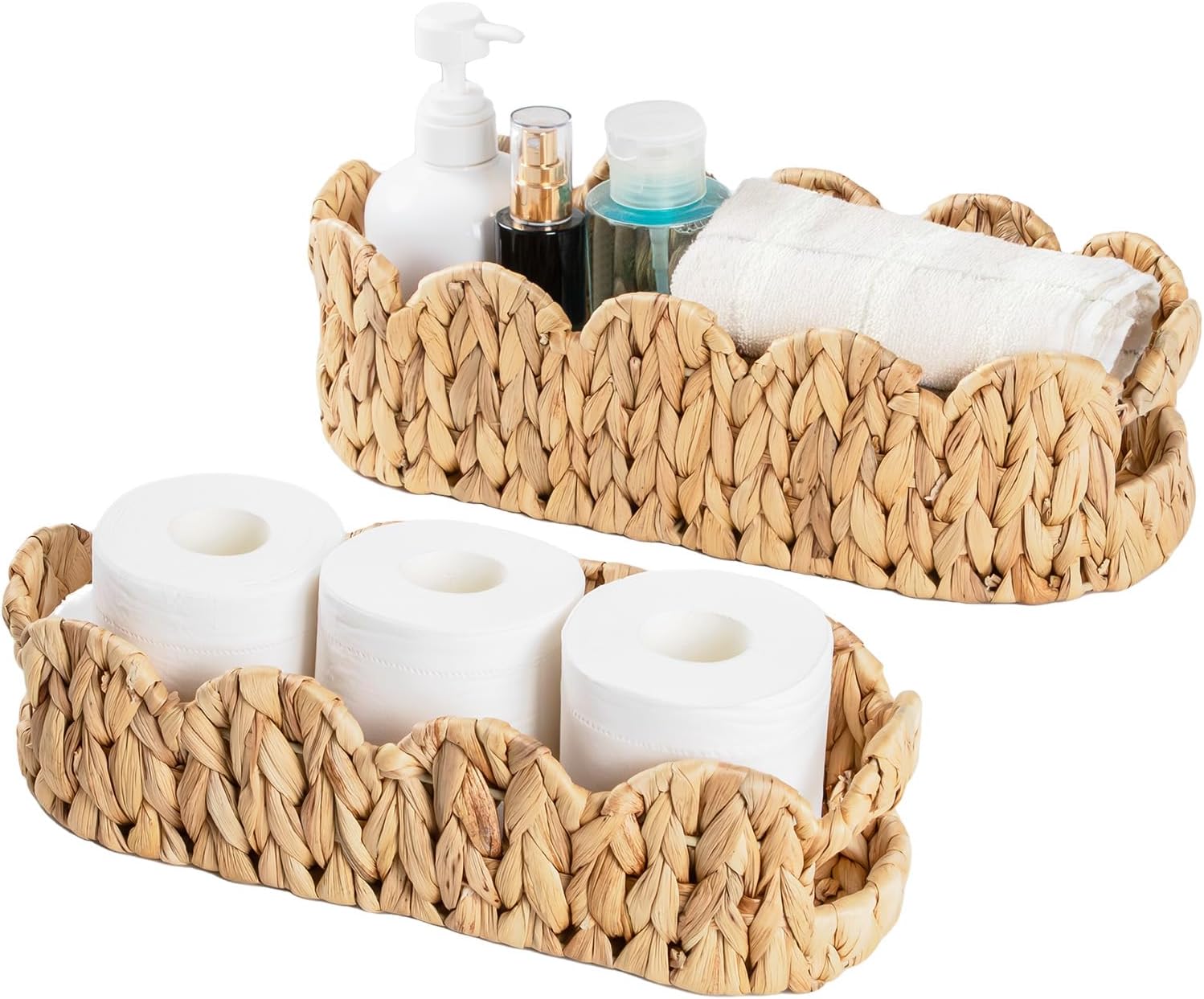 Small Nesting Scalloped Wicker Baskets, Bathroom Toilet Paper Storage Basket with Handles, Handwoven Water Hyacinth Toilet Baskets Tank Topper for Home Decor, Shelves, Living Room, 2 Pack