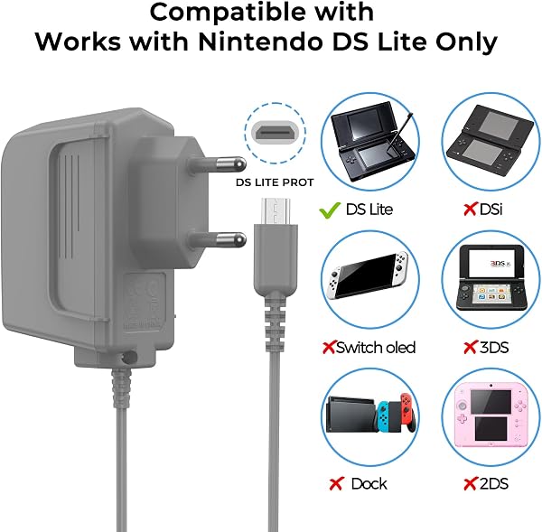 Caricabatterie Compatibile con Nintendo DS Lite, AC 100-240V, 5.2V 450mA, 1,2M Cavo, Protezione Integrata, Ricarica portatile Charger Power Adapter (1) - 2