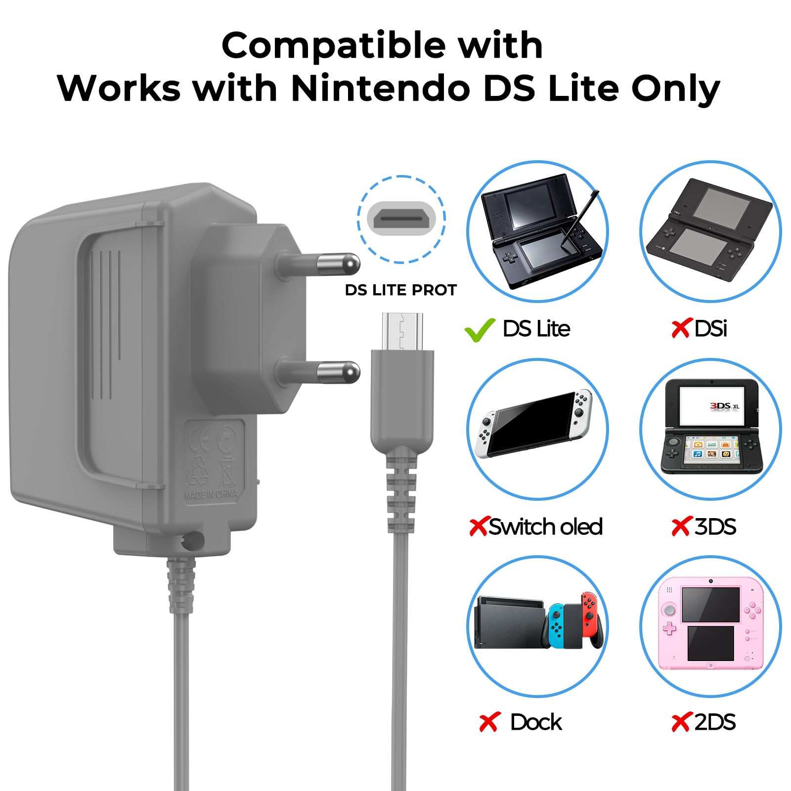 Caricabatterie Compatibile con Nintendo DS Lite, AC 100-240V, 5.2V 450mA, 1,2M Cavo, Protezione Integrata, Ricarica portatile Charger Power Adapter (1) - 2
