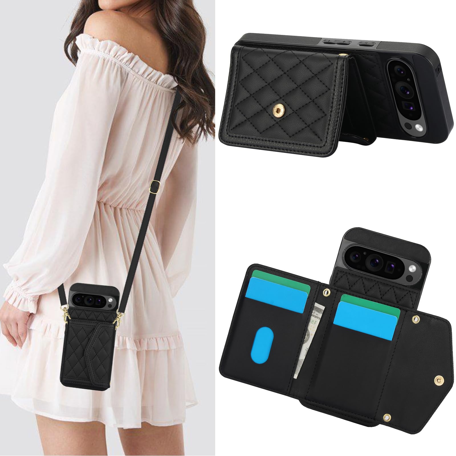 MRRSIWEI for Google Pixel 9 Pro XL Crossbody Wallet Case for Women, PU Leather Card Slot Phone Case with Cash Pocket Kickstand Purse Lanyard Case Cover for Google Pixel 9 Pro XL.Pocket Black