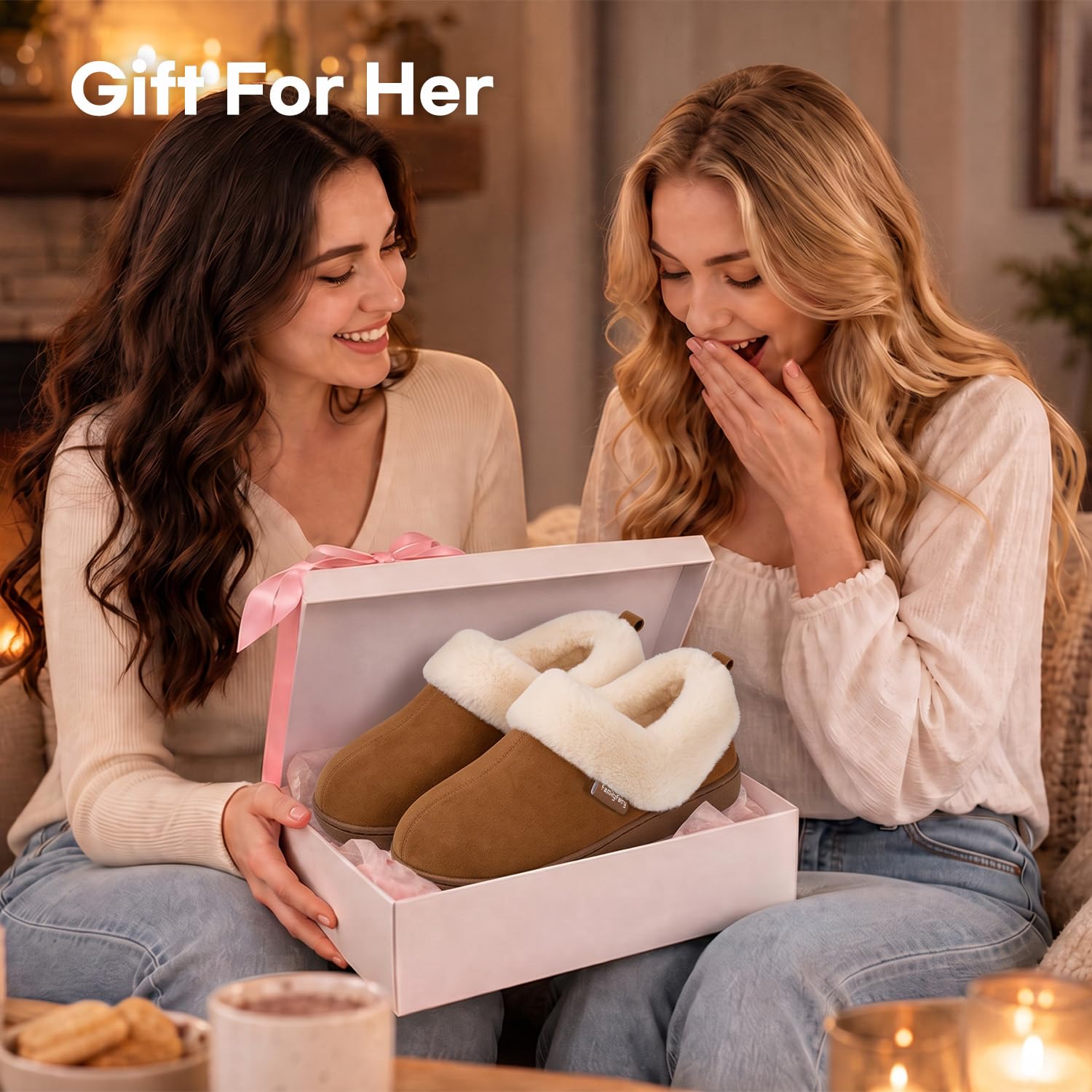 FamilyFairy Damen-Hausschuhe aus Memory-Schaum, warm, gemütlich, Mikro-Wildleder, Hausschuhe, mit flauschigem Plüschfutter und Kragen, rutschfeste Winterschuhe für drinnen und draußen