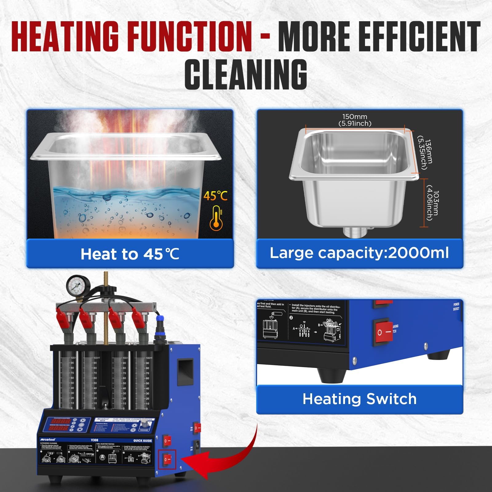 V308 Limpiador de inyectores de combustible, probador de limpieza por ultrasonidos con 9 modos de prueba, sistema de combustible de 4 cilindros, kit de herramientas de limpieza por inyección para