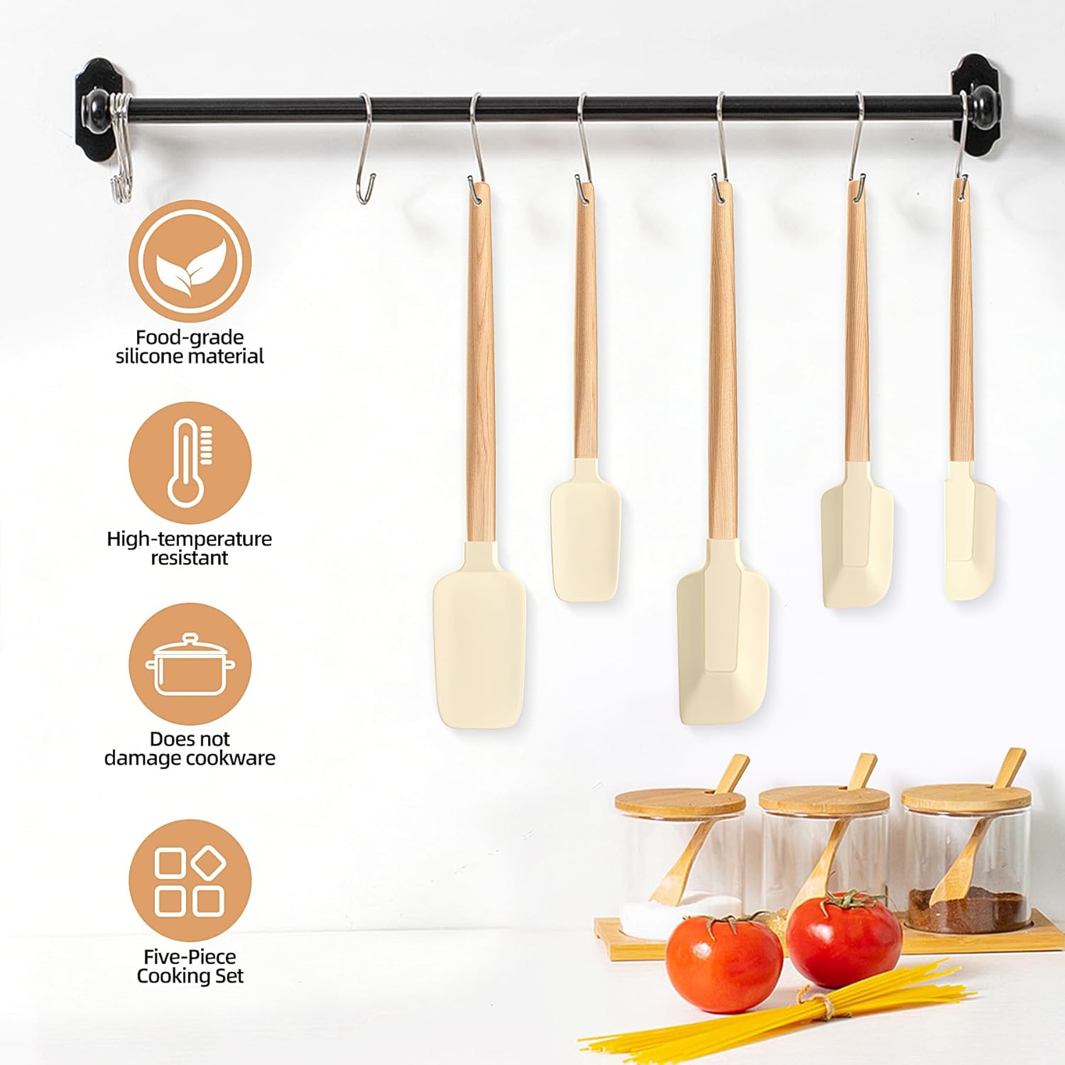 Wooden Handle Silicone Rubber Spatula Set 5 Piece for Kitchen Baking, Jars,Cooking, and Mixing High Heat Resistant Non Stick Dishwasher Safe BPA-Free (off White) thumbnail