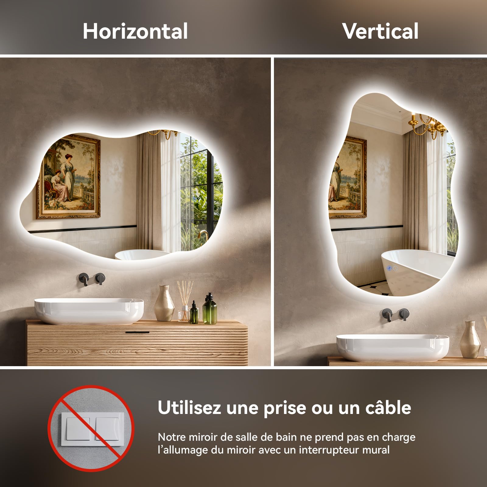 YU YUSING Miroir Asymétrique de Salle de Bain Lumineux 85x55cm