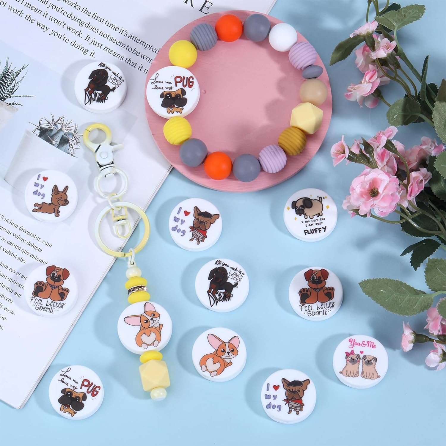 16Pcs Unique Silicone Beads for Keychain Making Printed Flat Round Focal Beads for Pens Bracelet Necklace Jewelry Making(Puppy) - Image 4