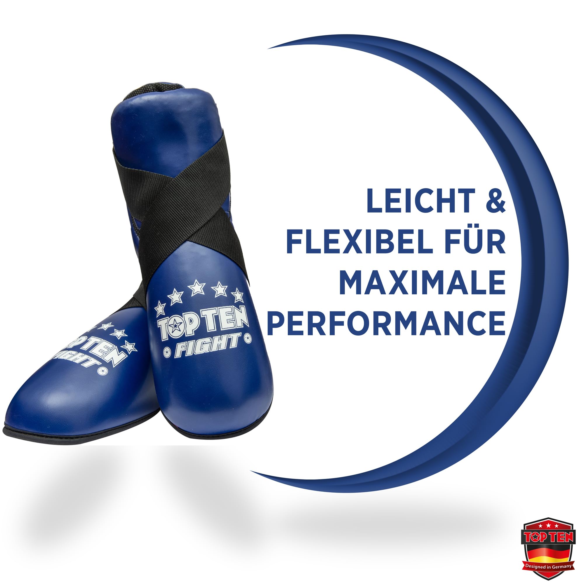 TOP TEN Fußschutz Kickboxen „Fight“ – Professioneller Fußprotektor für Kickboxen, Taekwon-Do & Kampfsport – WAKO & ITF Zertifiziert – Ultraleicht mit PPS-Schaumstoffpolsterung