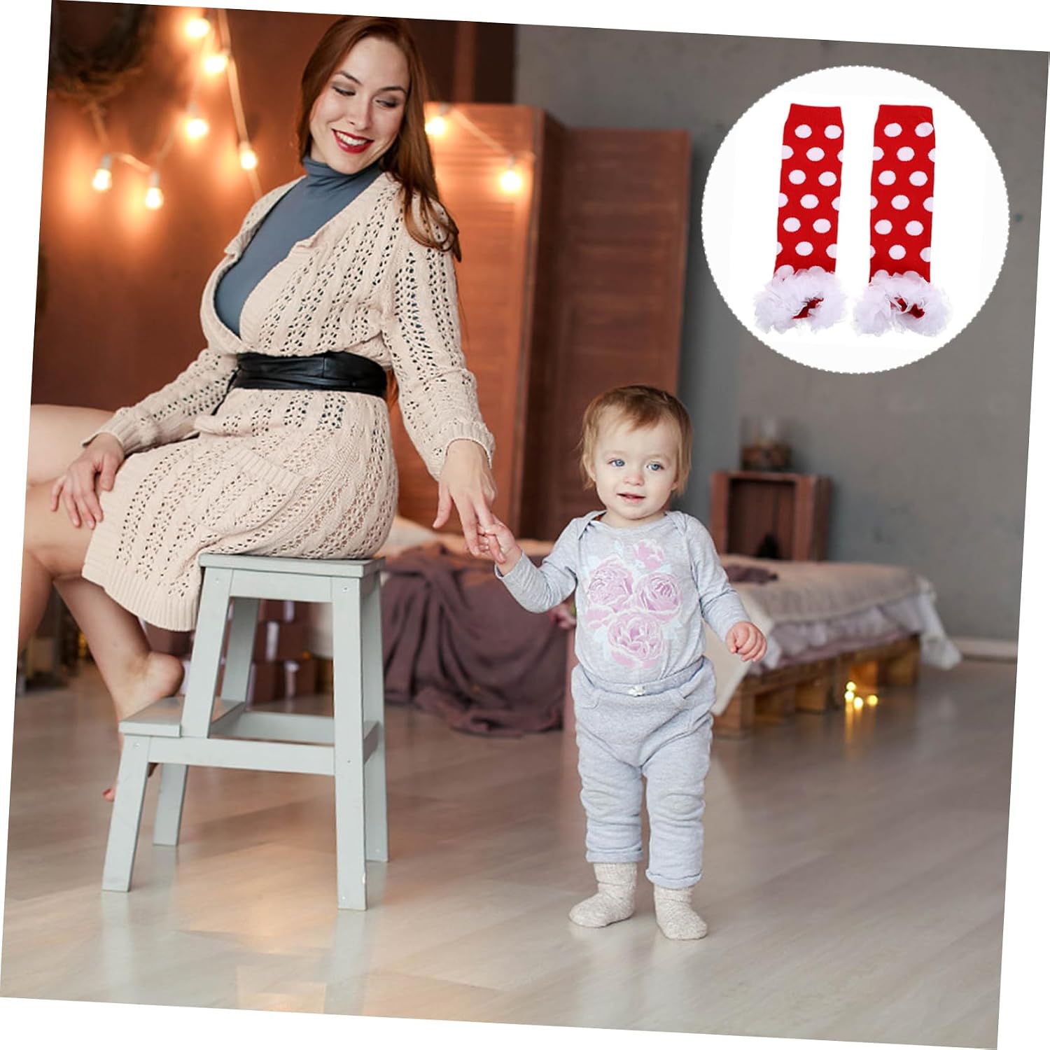 Cotton Leg Warmers Boot Cuff for Babies, Red Polka Dot and White Lace Trim, Warm Autumn Winter Leg Covers, 1 Pair