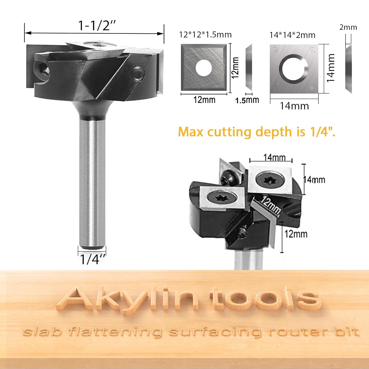 Slab Flattening Surfacing Router Bit 1/4" Shank,1-1/2" Cutting Diameter.Insert Knife Design,Planer Router Bits,for Wood Spoilboard Rabbeting and Planing