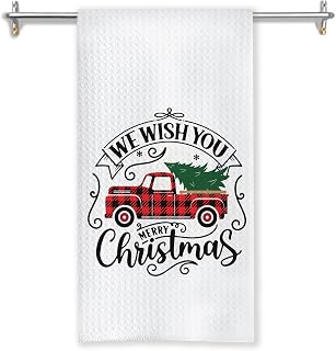 Red and Black Plaid Christmas Kitchen Towels, We Wish You a Merry Christmas Dish Tea Towels for Kitchen Decor, Holiday Xmas Pickup Truck Hand Towel for Bathroom Decor, 16x24 Inches