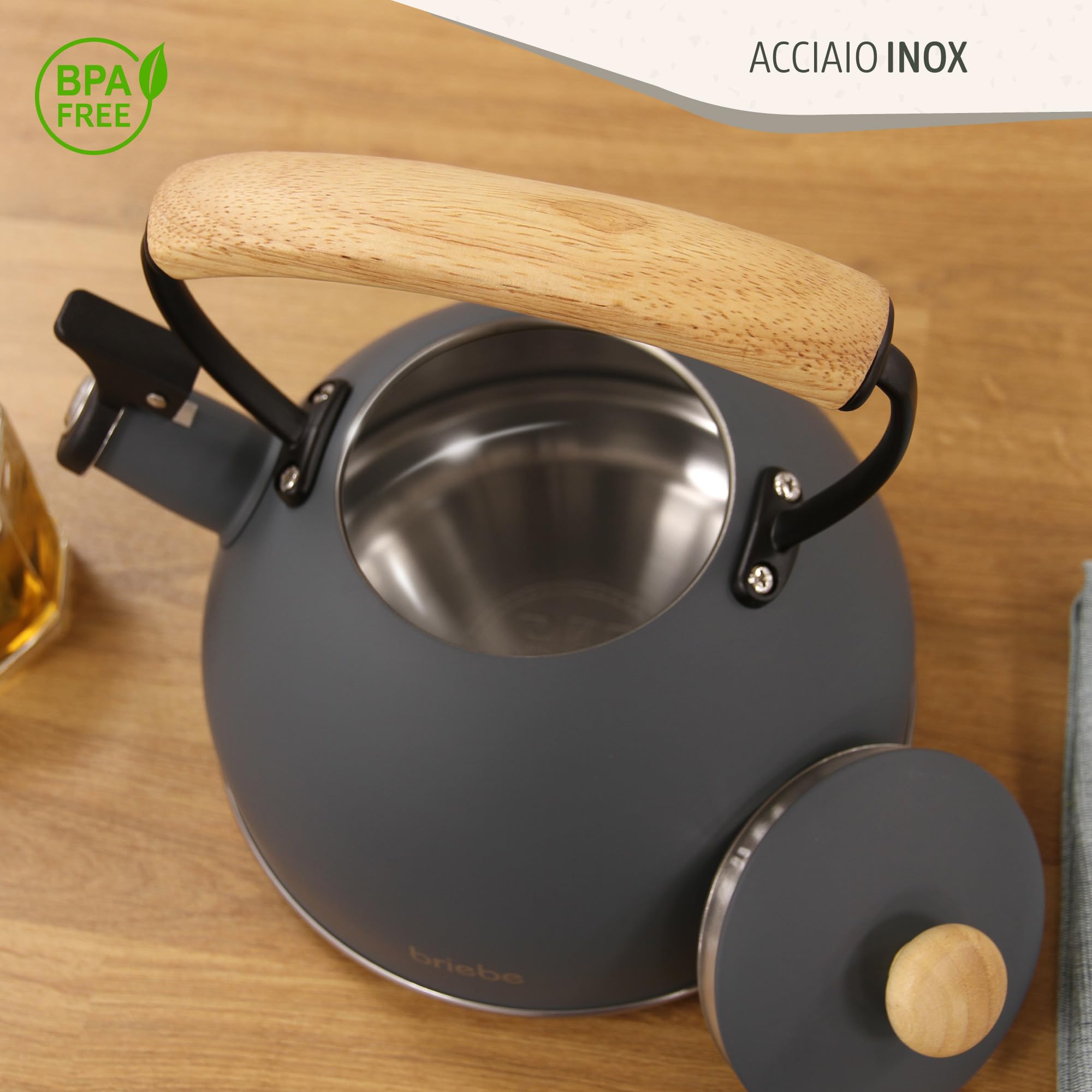 briebe Nordic Tostapane a Fessura Larga a 2 Fette, 6 Livelli di Tostatura, Pinze + Bollitore Induzione a Fischio 2,3 L, Acciaio Inossidabile, Senza BPA, Set Colazione Design Nordique Grigio