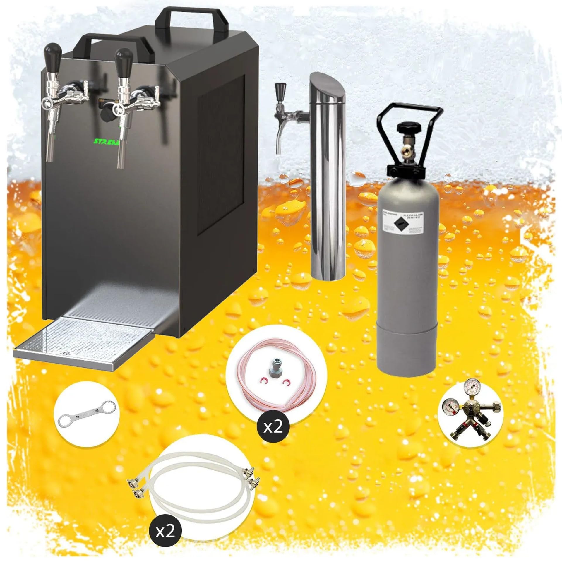 Kit Completo Bajo Encimera Stream 80 - Sistema Dispensación Cerveza 2 Líneas Enfriador Flujo Continuo Seco Sin Cabezas de Grifo