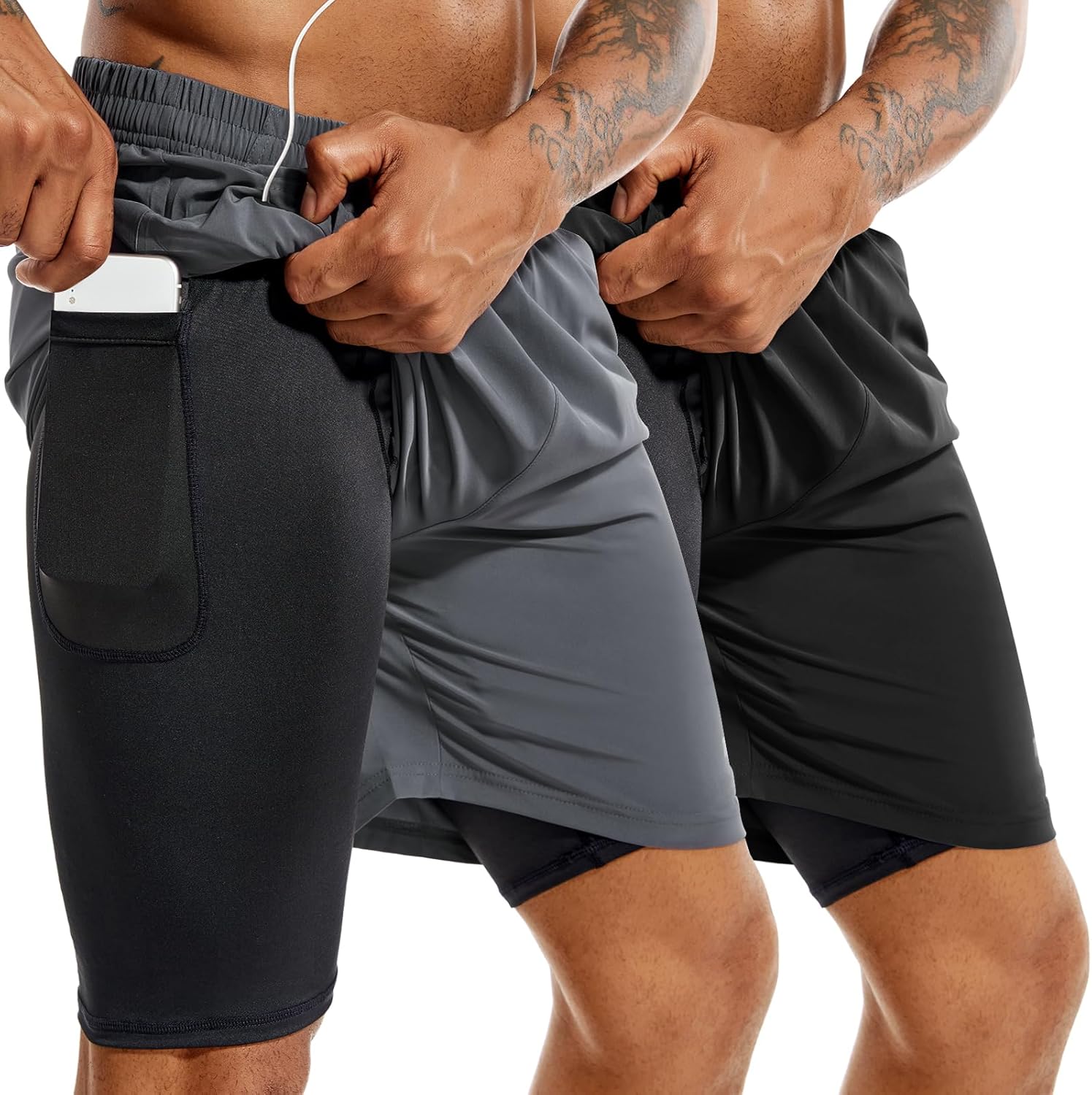 TENJOY Men's 2 in 1 Running Shorts 5 in or 7 in Quick Dry Gym Athletic Workout Shorts for Men with Phone Pockets