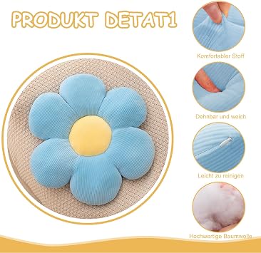 Flower Pillow, 2 Pcs Daisy Cushion, 38x38cm Flower Floor Cushion Pillow, Daisy Window Seat Throw Pillow, Cushions for Room Decor, Daisy Seat Pads for Car Home Sofa Chair and Floor(White, Blue)