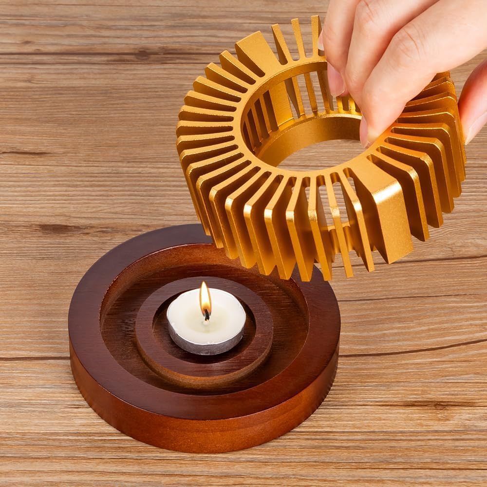 Stövchen für Teekanne mit Holzsockel, Aluminium TeeWärmerr, Kaffeewärmer mit Holzbasis, Kerzenheizung zum Heizen von Tee, Kaffee, Milch, Lebensmittel, Camping und Reisen (Klein)