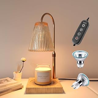 Candle Warmer Lamp, Timer & Dimmable for Jar Candles, Melter Electric Scented Candle Height Adjustable Electric Melter Light with 2 Bulbs, Home Decor and Gift for Mother, Her, Wedding-Glass Wood B