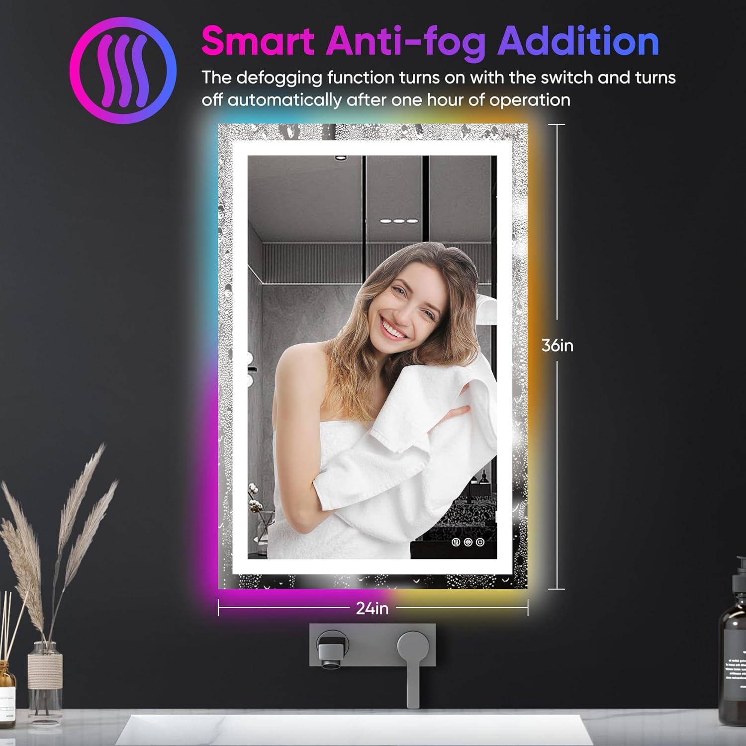 Antok 24x 36 LED Bathroom Mirror with Lights, Bathroom Vanity Mirror Anti-Fog, Dimmable, Lighted Vanity Mirror with Tempered Glass, Memory Function, 3 Colors, Safe Use (Horizontal/Vertical)