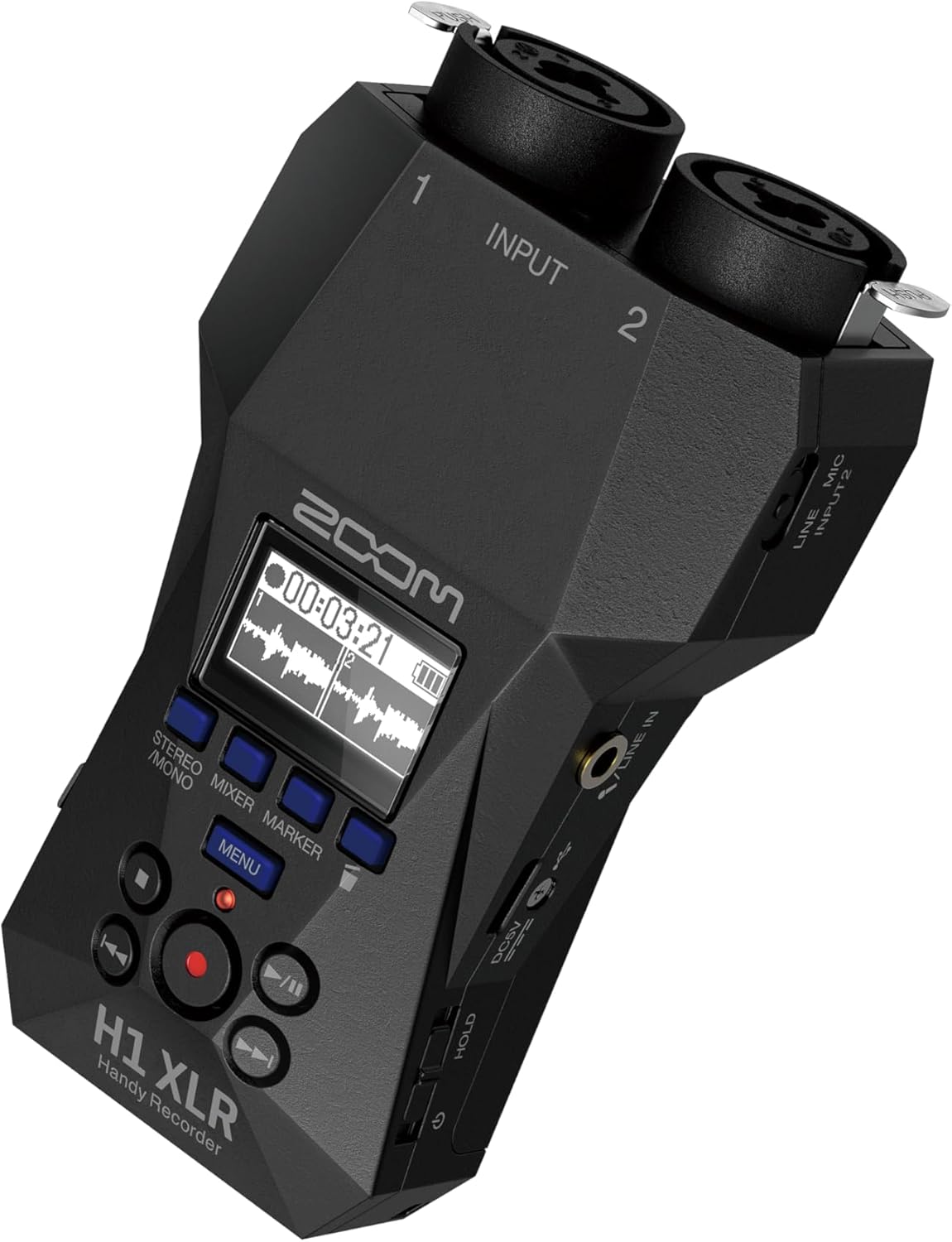 มุม view of the Zoom H1 XLR Handy Recorder, showing side controls like gain knobs and power switch.