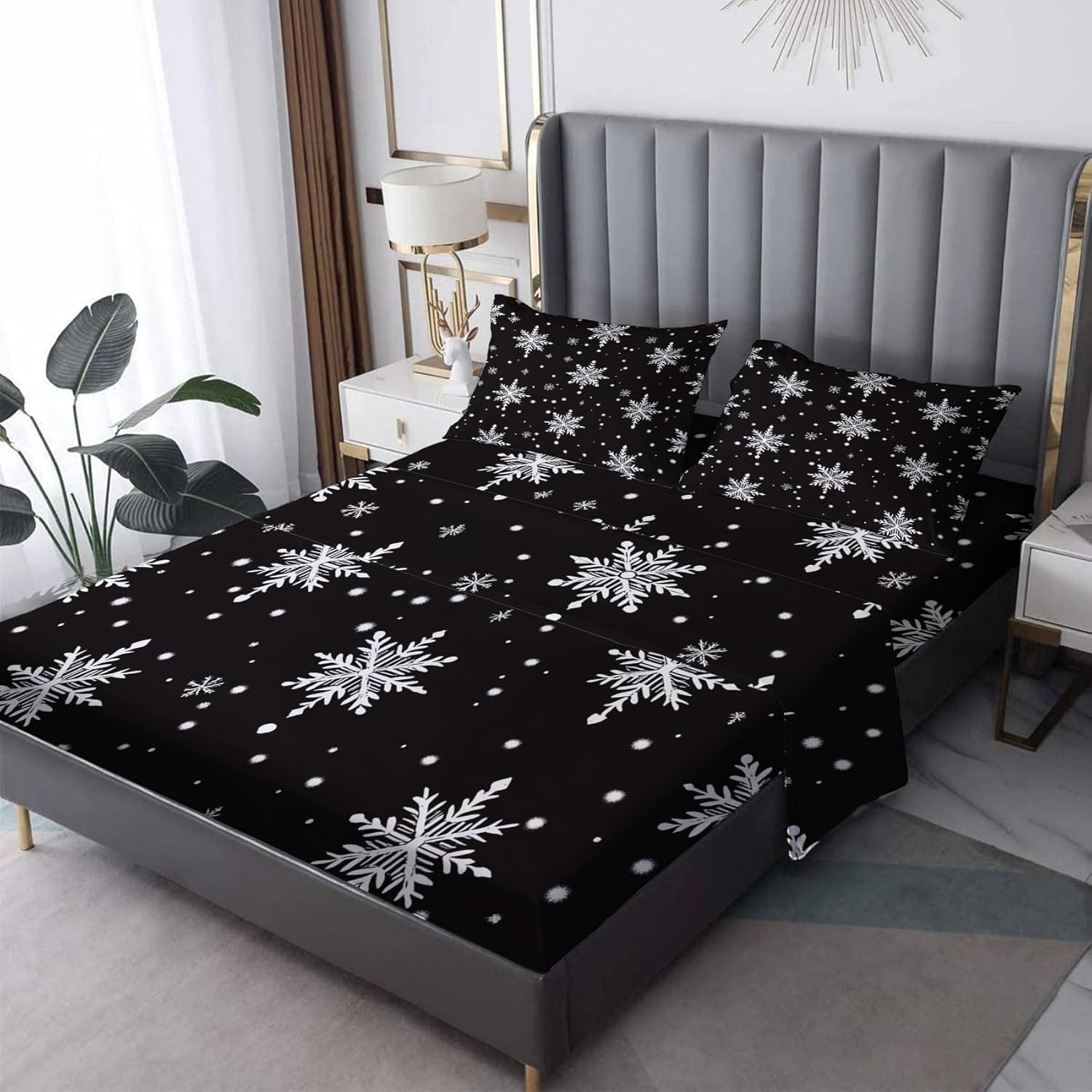 NOGAWA Christmas Snowflake Sheets Full Size, Black and White Xmas Bed Sheets, Holiday Bedding Sheets 4 Piece Set - Soft Microfiber Deep Pocket Fitted Sheet & Flat Sheet & 2 Pillowcases